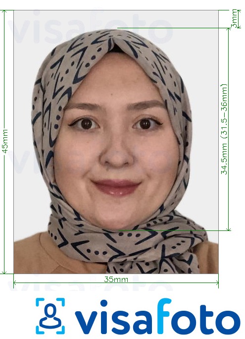 Tam boyut belirtimi olan Kazakistan Pasaport 35x45 mm (3.5x4.5 cm) için fotoğraf örneği