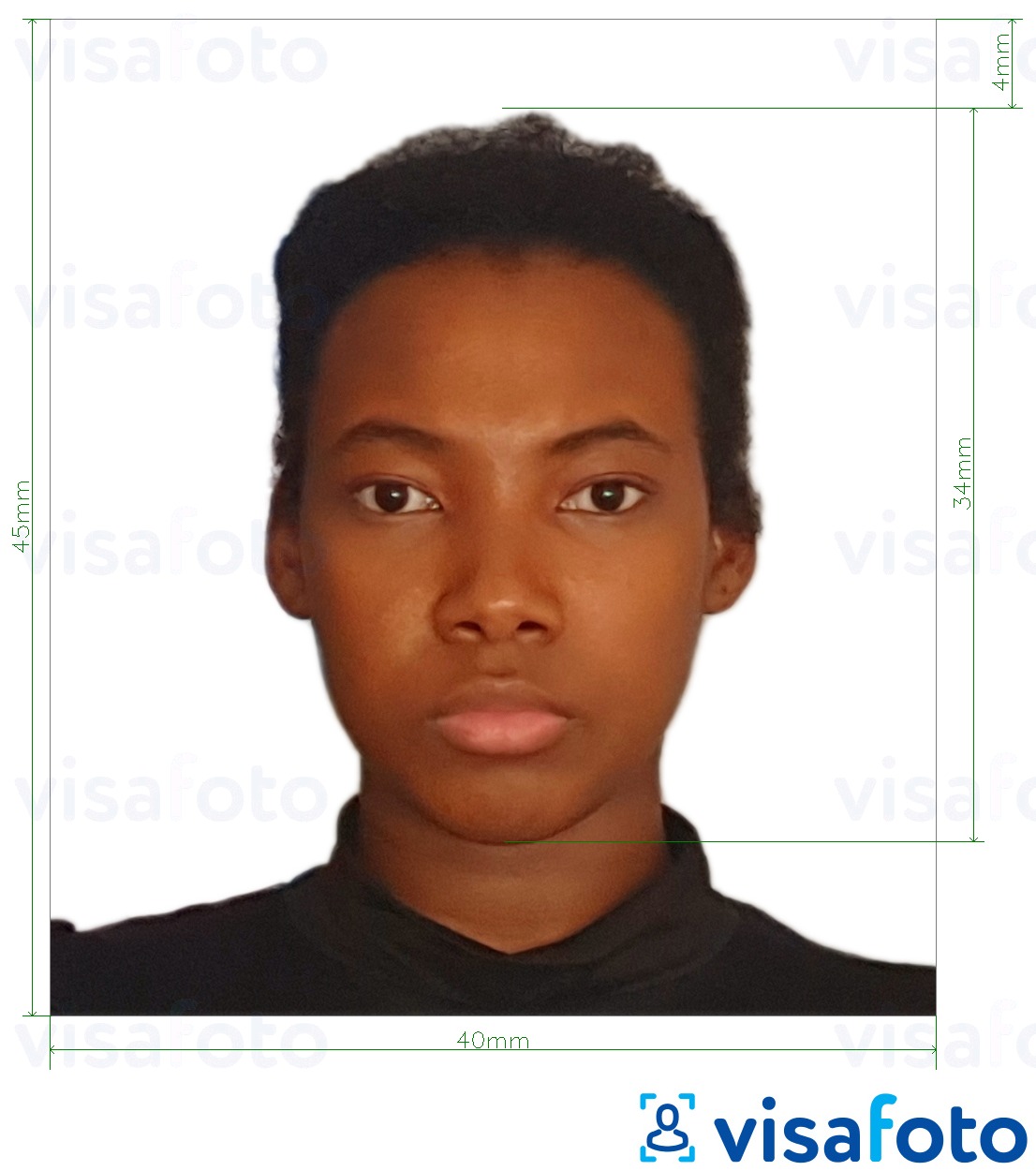 Tam boyut belirtimi olan Tanzanya pasaportu 40x45 mm (4x4,5 cm) için fotoğraf örneği