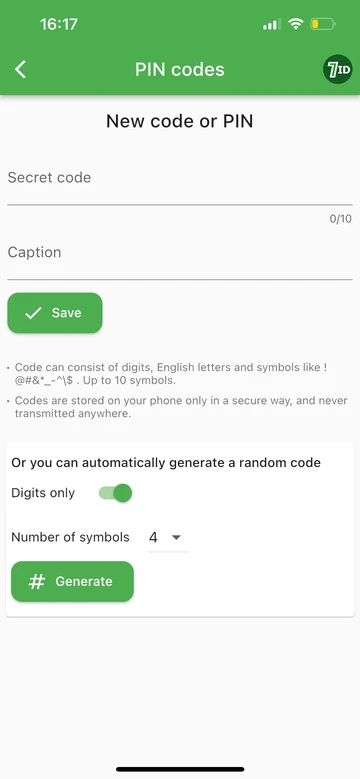 7ID: Pridajte nový PIN kód alebo ho vygenerujte