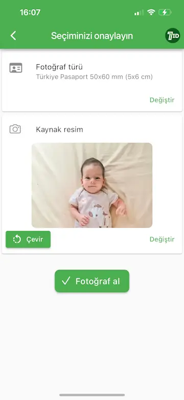 7ID Uygulaması: bebek pasaport fotoğrafı gereksinimleri