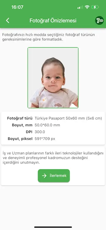 7ID Uygulama: bebek pasaport fotoğrafı