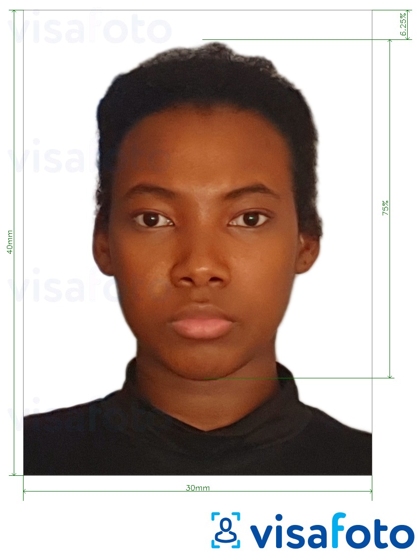 Tam boyut belirtimi olan Botsvana pasaportu 3x4 cm (30x40 mm) için fotoğraf örneği