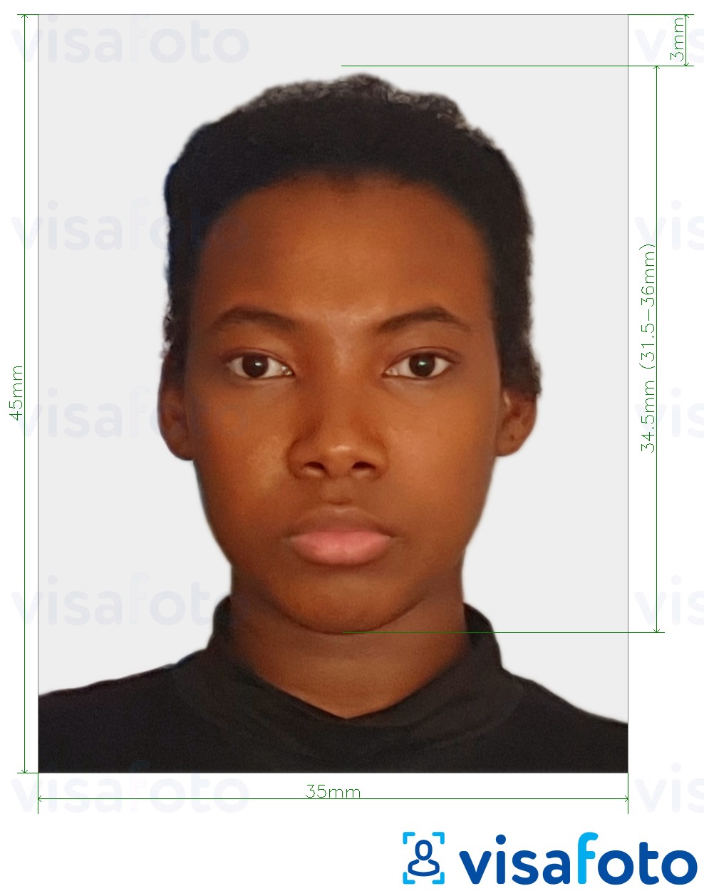 Tam boyut belirtimi olan Kongo (Brazzaville) pasaport 35x45 mm (3,5x4,5 cm) için fotoğraf örneği