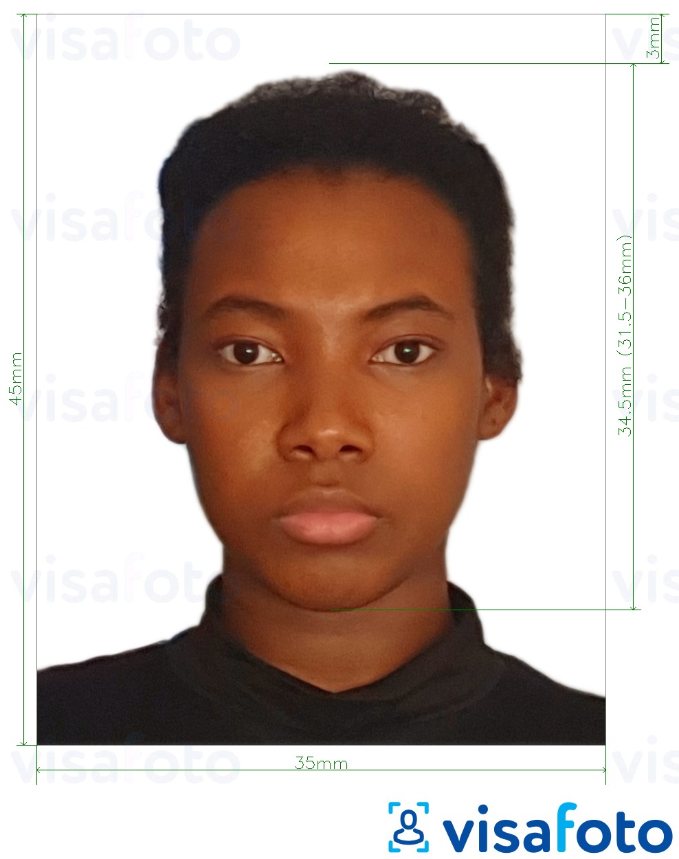 Tam boyut belirtimi olan Kamerun pasaport 35x45 mm (3,5x4,5 cm) için fotoğraf örneği