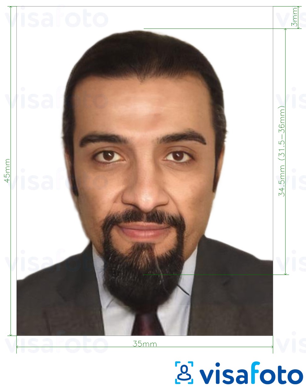Tam boyut belirtimi olan Etiyopya e-vizesi çevrimiçi 35x45 mm (3,5x4,5 cm) için fotoğraf örneği
