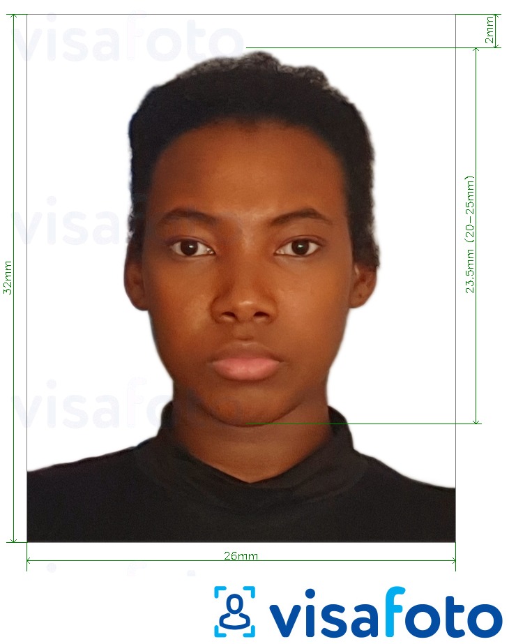 Tam boyut belirtimi olan Guyana pasaportu 32x26 mm (1.26x1.02 inç) için fotoğraf örneği