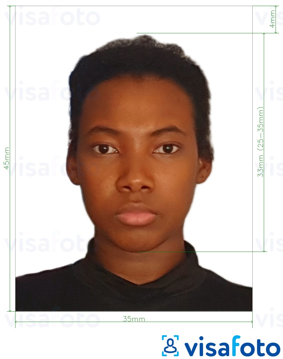 Tam boyut belirtimi olan Jamaika pasaportu 35x45 mm (3,5x4,5 cm) için fotoğraf örneği