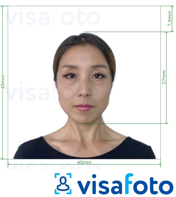 Tam boyut belirtimi olan Japonya vizesi 45x45mm, baş 27 mm için fotoğraf örneği