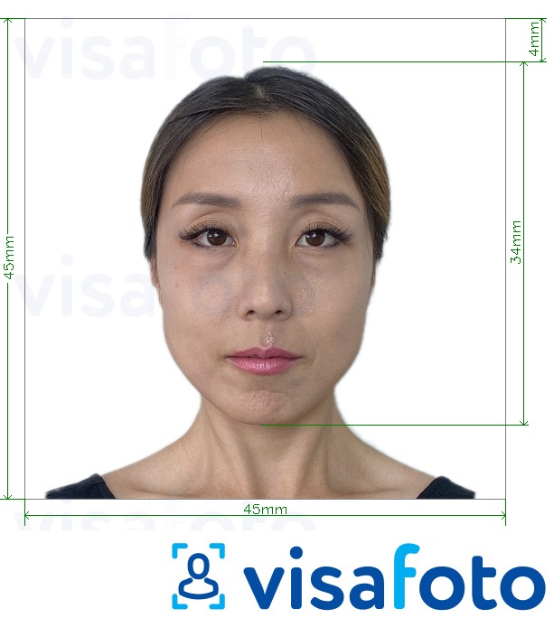Tam boyut belirtimi olan Japonya vizesi 45x45mm, kafa 34 mm için fotoğraf örneği