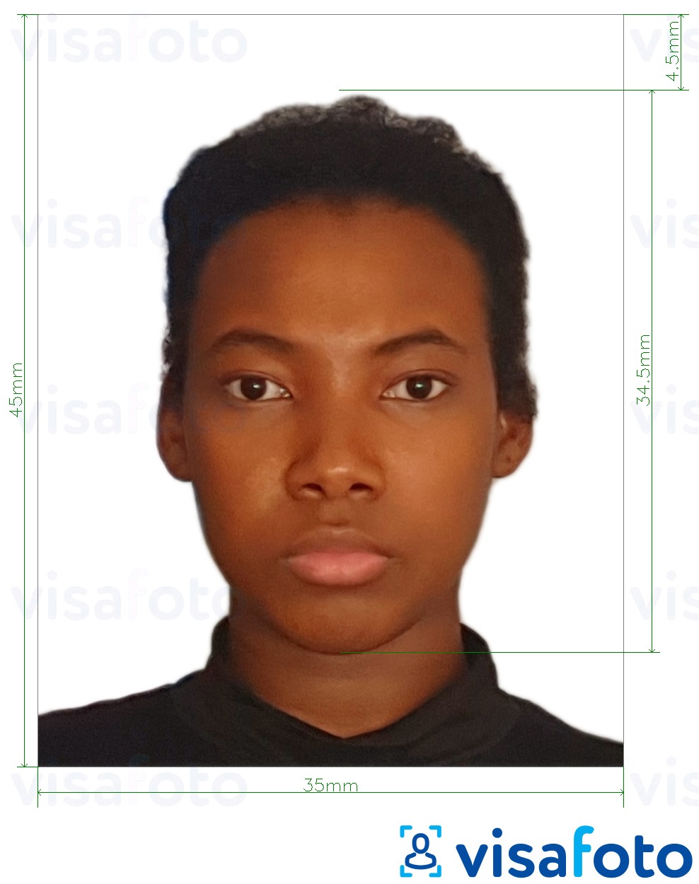 Tam boyut belirtimi olan Kenya pasaportu 35x45 mm için fotoğraf örneği