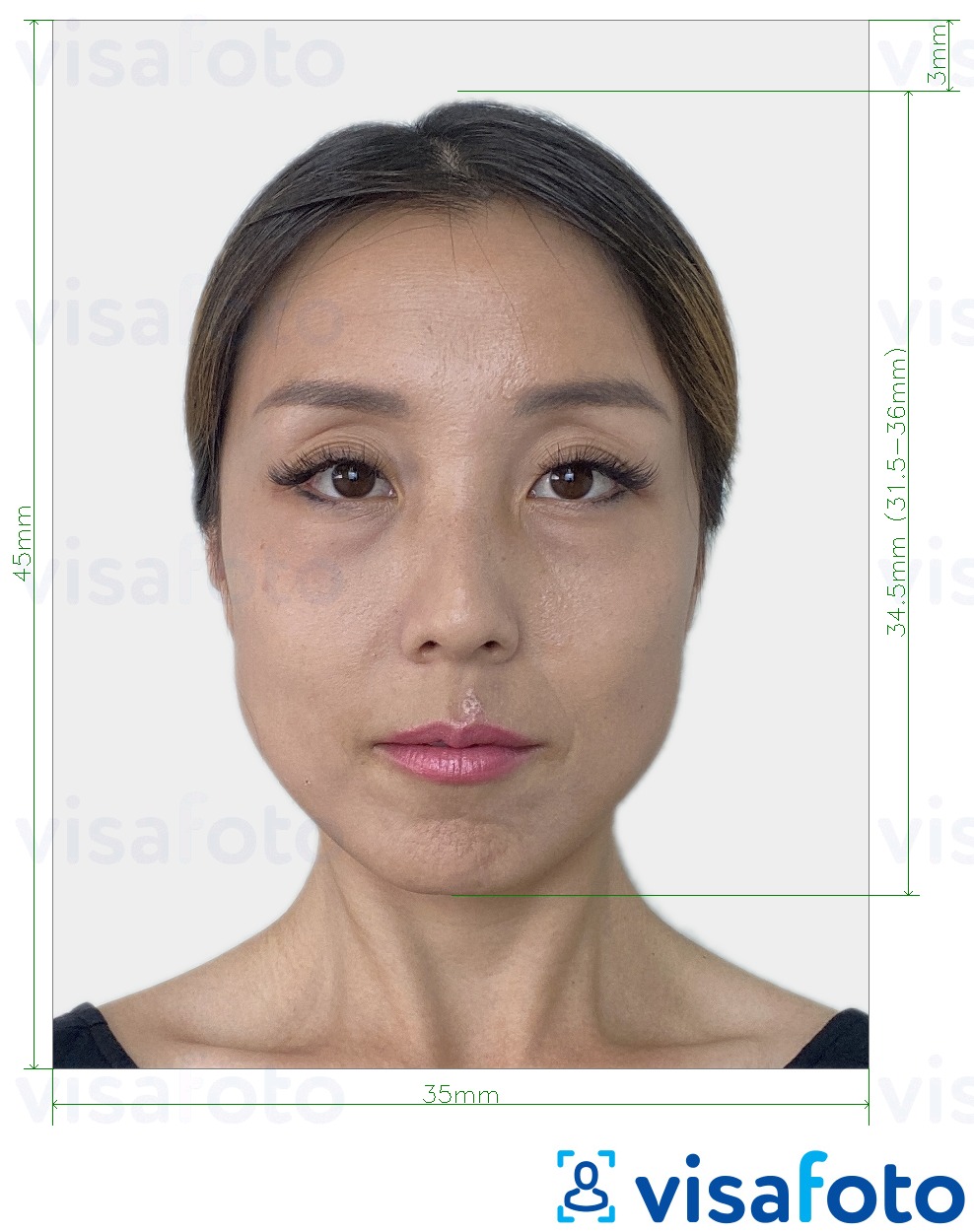 Tam boyut belirtimi olan Güney Kore Visa 35x45 mm (3.5x4.5 cm) için fotoğraf örneği