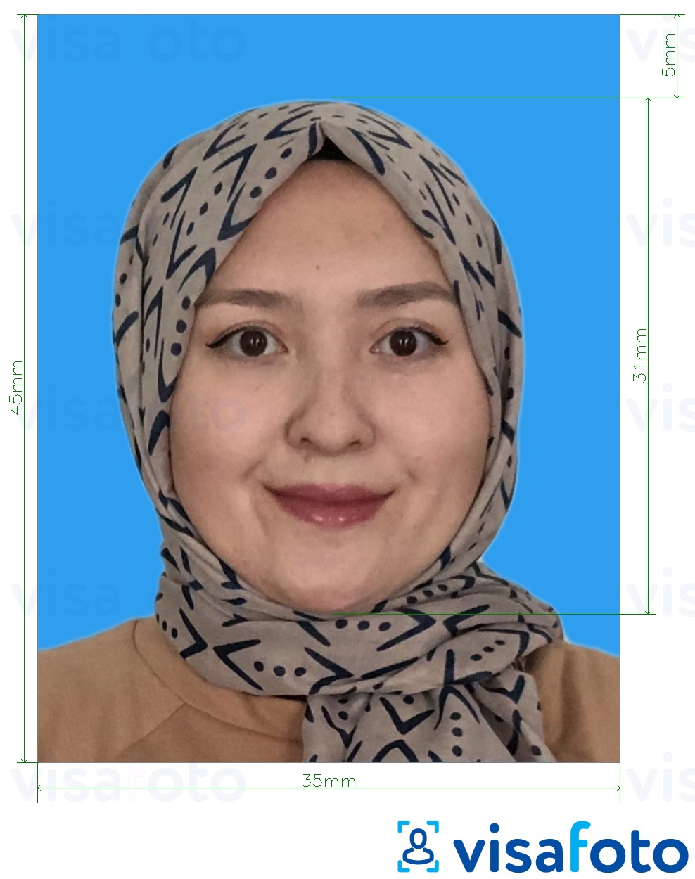 Tam boyut belirtimi olan Malezya Visa 35x45 mm mavi arka fon için fotoğraf örneği