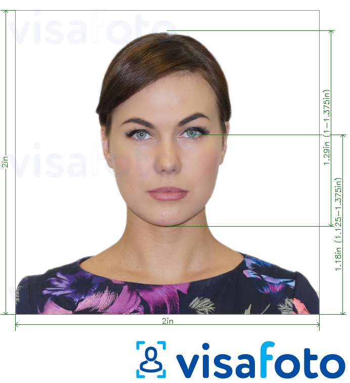 Tam boyut belirtimi olan ABD pasaport kartı 2x2 inç için fotoğraf örneği