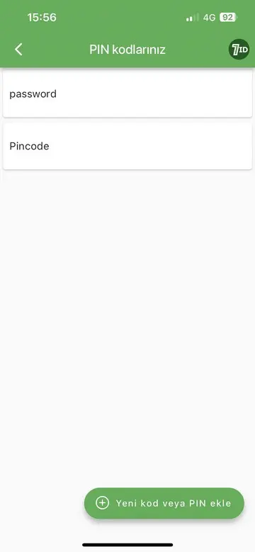 7ID Uygulaması: Pin Kodu Depolama