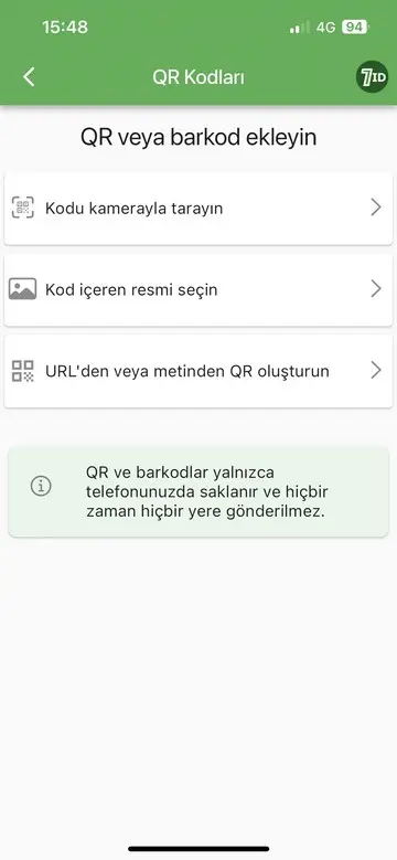 7ID Uygulaması: QR Kod Depolama