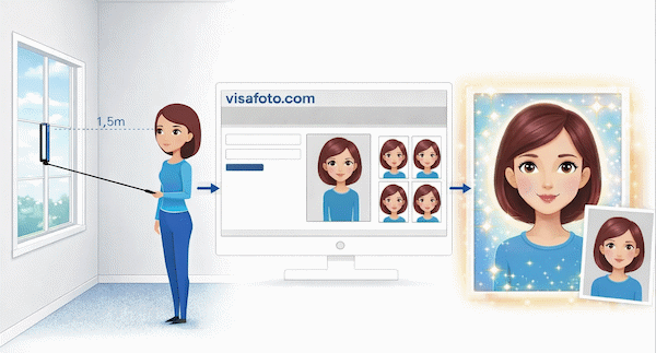 İşıklı bir duvara karşı akıllı telefon veya fotoğraf makinesi ile bir resim çekin, buraya yükleyin ve vize, pasaport veya kimlik belgeniz için uygun bir fotoğraf elde edin.