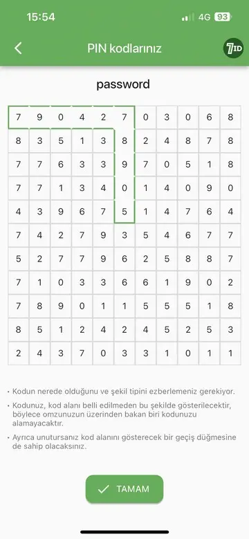 7ID Uygulaması: Sifre Kodu Depolama